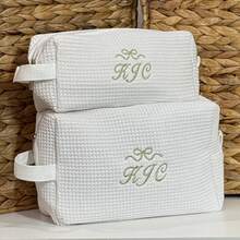 Personalized Waffle Makeup Bag, Customized Name Toiletry Bag, Embroidered Letter Makeup Bag, Initial Monogram Makeup Bag, Bridesmaid Waffle Woven Cosmetic Bag For Travel - Pastel - View 5