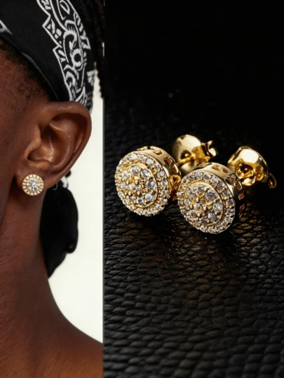 Khuyên tai nam kiểu Hip Hop mạ vàng đính đá Zirconia hình tròn, trang sức thời trang đường phố.
