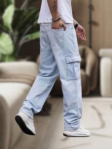 Men's Cargo Pants, Women's, 6 Pockets, Skate Style, Wide Leg, Drawstring Closure - Light Wash - View 4