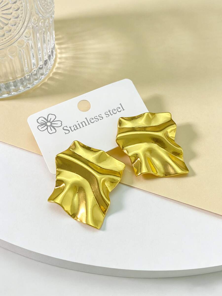 Brincos Pendentes de Liga Metálica Minimalista Assimétrica Exagerada com Folha de Ginkgo Escultural 3D de Textura Geométrica, Brincos Exagerados de Estilo Boêmio em Forma de Leque, Brincos Grossos Dourados Femininos, Brincos Geométricos Texturizados Leves e Hipoalergênicos, Presente de Joias Retrô Adequado para Todas as Ocasiões - Multicolorido - Visão 1