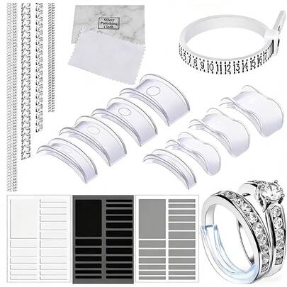 Juego ajustador de talla de anillo, incluye 8 reductores invisibles, 4 cuerdas en espiral, 3 almohadillas antideslizantes (recortables), calibrador de anillos, paño de limpieza de joyas, adecuado para todos los anillos sueltos, unisex, regalo de vacaciones pensativo