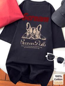 Cartoon Pattern Short Sleeve Mid-Length T-Shirt, Fashionable Casual Top For Women Black Summer - Black - View 3