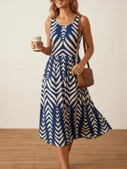 New Arrival Summer Elegant Vintage Sleeveless Round Neck Pleated A-Line Fitted Floral Print Mid-Length Dress For Women Vacation