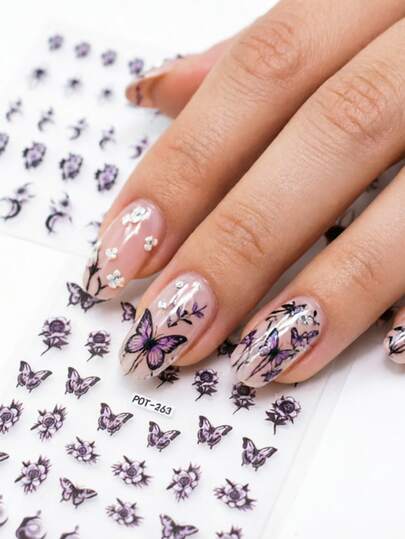 3pcs Butterfly & Spider Nail Stickers, Dark Purple & Black Floral Cartoon Combo, One-Time Self-Adhesive 3D Embossed Nail Art Decor, Suitable For Themed Parties/ Manicure, Size 8cm*10cm, Rich Patterns & Sturdy Adhesive