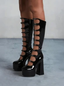 Goth Y2K Platform Knee High Boots For Woman Sexy Hollow Out Buckle Chunky Heels Side Zipper Women's Boots Lolita Dancing Party Shoes - màu đen - Xem 9