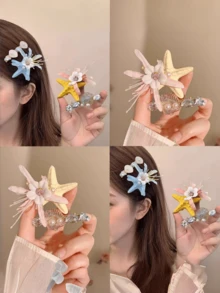 2 Stück Sommer Seestern & Muschel Blume Seitenhaarclips, Strandurlaub Vibe Haarschmuck, Urlaub, Reise - Verschiedenfarbig - Übersicht 1