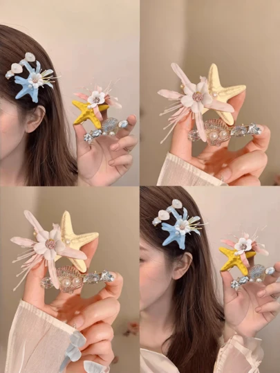 2个夏季海星贝壳花朵侧夹发夹，海滩度假风发饰
