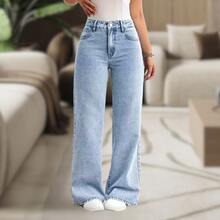 Women's High-Waisted Wide-Leg Plain Denim Jeans - 11.11 - Black - - Rửa nhẹ - Xem 10