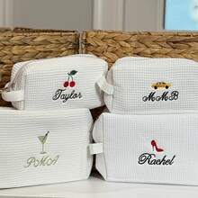 Personalized Waffle Makeup Bag, Customized Name Toiletry Bag, Embroidered Letter Makeup Bag, Initial Monogram Makeup Bag, Bridesmaid Waffle Woven Cosmetic Bag For Travel - Pastel - View 3