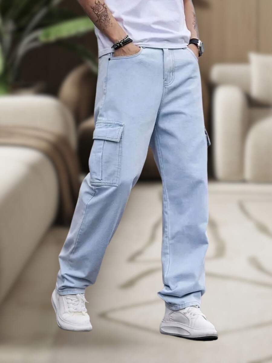 Men's Cargo Pants, Women's, 6 Pockets, Skate Style, Wide Leg, Drawstring Closure - Light Wash - View 1