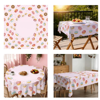 1 chiếc khăn trải bàn hình bánh rán, với thiết kế họa tiết những chiếc bánh rán bao quanh. Được làm từ vải polyester, bền và có thể giặt được. Thích hợp cho trang trí nhà cửa, nhà bếp và ngoài trời. Phù hợp cho phòng khách, phòng ăn, các bữa tiệc và sắp xếp ngoài trời. Có nhiều kích cỡ để lựa chọn.