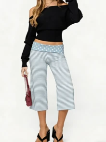 Women's Fold Over Waist Capri Fashionable Casual Solid Color Low Rise Wide Leg Crop Pants - 水藍色 - 查看 3