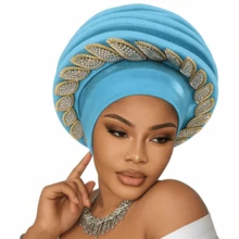 Multilayer African Turbans For Women Beret Hat Rhinestone Decor Elegant Headwrap Ladies Funny Headwear - Baby Blue - View 3