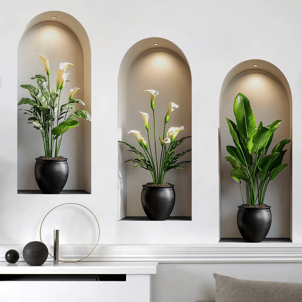 3pcs Nordic Style Plant Wall Stickers, Creative Arched Window Visual Effect, Waterproof Vinyl Decals, Suitable For Living Room Sofa Backdrop, Dining Room, Hallway And Home Office Decor - Multicolor - View 1