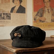 Women's Vintage Soft Corduroy Newsboy Cap Baggy Baker Boy Hat With Wooden Buckle Accent Casual Newsboy Cap Easy To Match Perfect Gift For Women! - 雙紐扣八角帽-黑色 - 查看 6