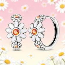 Bông tai bạc 925 hình hoa cúc, men trắng và đá CZ cam, kiểu dáng ba bông hoa treo dành cho nữ, trang sức mùa xuân hàng ngày. - Nhiều màu - Xem 1