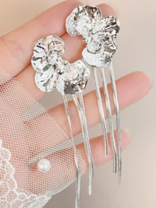 1 Pair New Elegant Metal Flower Tassel Earrings, Fashionable Asymmetrical Design Suitable For Women's Daily Wear, Gift - Silver - View 1