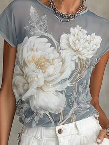 Áo kiểu nữ mùa hè phong cách Bohemian, chất liệu chiffon mỏng nhẹ in hoa màu xanh dương. - Màu xanh lam - Xem 4