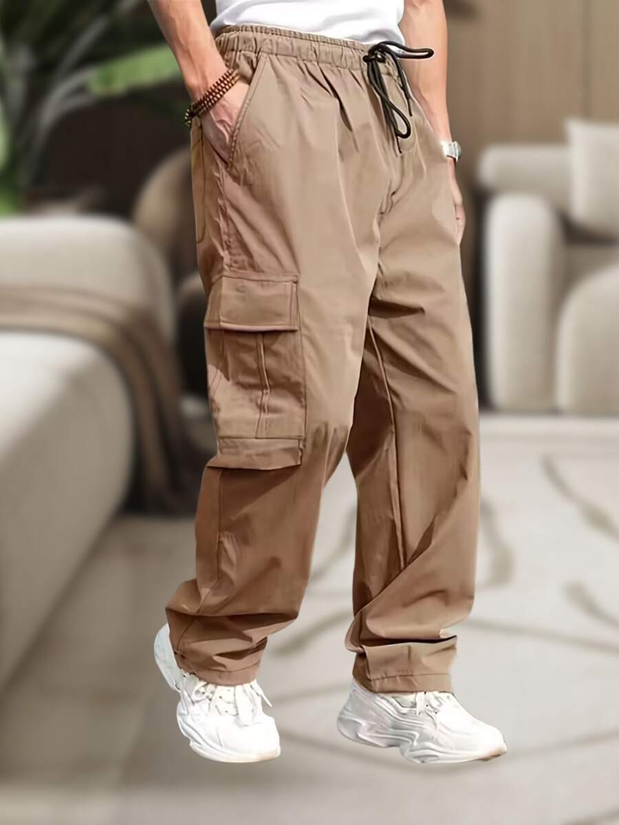 Men's Cargo Pants, Women's, 6 Pockets, Skate Style, Wide Leg, Drawstring Closure - Khaki - View 1