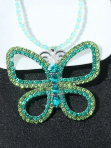 1件装女士时尚个性化夸张合成钻石镂空蝴蝶吊坠项链，奢华优雅波西米亚风格项链，适合日常、度假、派对、母亲节礼物 - 蝴蝶型 - 查看 2