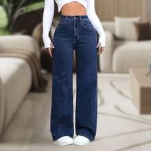 Women's High-Waisted Wide-Leg Plain Denim Jeans - 11.11 - Black - - Rửa tối - Xem 5