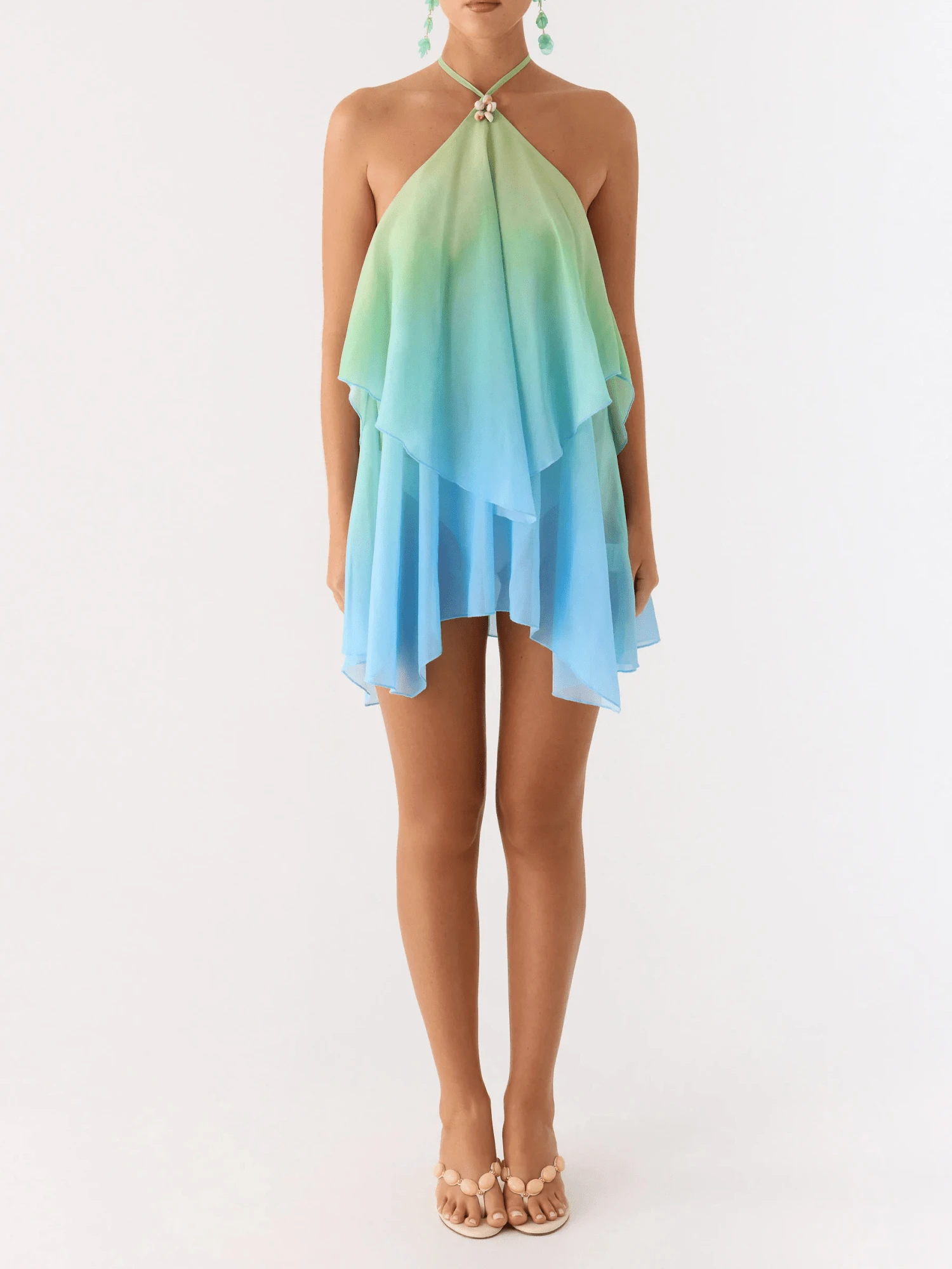 Women Mini Dress Gradient Tie-Up Halter Neck Ruffles Sleeveless Dress Summer Fashion Casual Dress - 藍色 - 查看 1