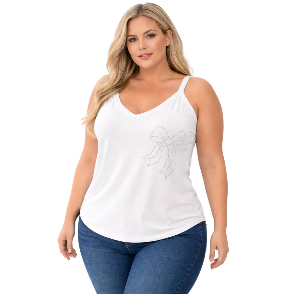 MALHAS ITA Regata Feminina Plus Size Veste Tamanho 40 ao 64 (M ao G10) Blusa com Pedraria Laço Malha Viscolycra Leve e Confortável - Branco - Visão 1