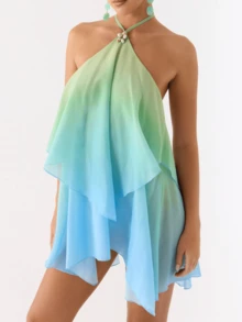 Women Mini Dress Gradient Tie-Up Halter Neck Ruffles Sleeveless Dress Summer Fashion Casual Dress - 藍色 - 查看 4