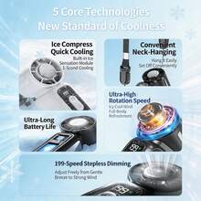 W&O 1 PC Portable Fan,Ice Cooling Fan,Desktop Fan, Handheld Fan, Neck Fan,Mini Fan, 5000mAh 13H Long Lasting, 199 Speed Adjustable, LED Flashlight & SOS Light, Type-C Rechargeable, Summer,Office, Beach,Travel Essential,Bridesmaid Gifts, - 黑色 - 查看 9