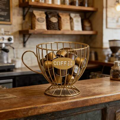 Coffee Capsule Storage Cup - Tea Cup Shaped Storage Basket | Metal Hollow Storage Basket, Kitchen Bar Coffee Capsule Organizer Basket | Ins Style Decorative Desktop Storage Piece
