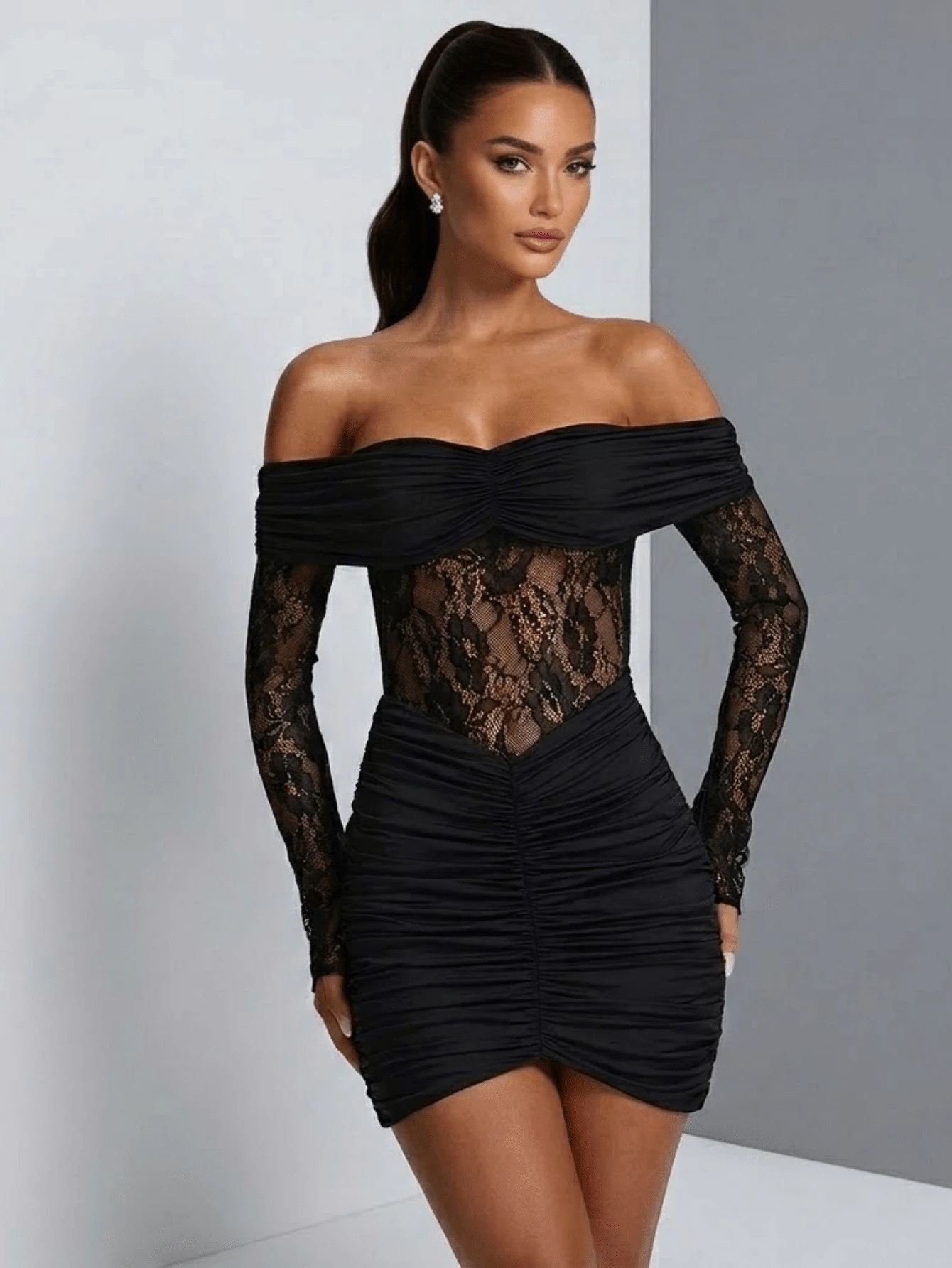 Solid Color Sexy Elegant Lace Backless Ruffle Lace Patchwork Beach Wedding Party Formal Evening Homecoming Dress - Black - View 1