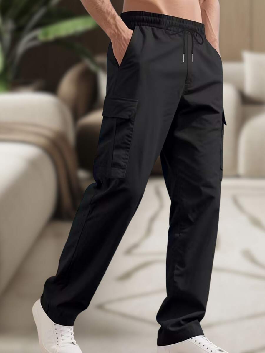 Men's Cargo Pants, Women's, 6 Pockets, Skate Style, Wide Leg, Drawstring Closure - Black - View 1