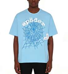 Sp5der Spider Letter Graphic T-Shirt , Hip Hop Streetwear Oversized Tee ,Casual Cotton Shirt - Light Blue - 查看 8