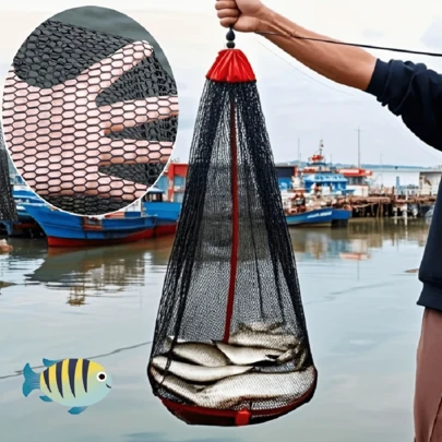 1pc Nylon Mesh Fishing Bag With Long Drawstring And Contraction Ring, Portable Breathable Reinforced Fish Landing Net, Fishing Accessory Tool, Mini Foldable Woven Fish Net Bag