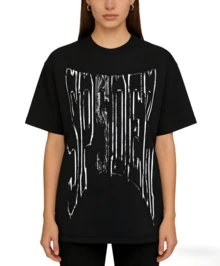 Sp5der Worldwide Diffused Collegiate T-Shirt | Acid-Washed Neon Logo Graphic | Premium Heavyweight Black Cotton Tee | Signature 555555 Puff Print Essential | Oversized Y2K Varsity Luxury Apparel - 黑色 - 查看 3