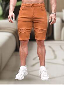 Men's Slim Fit Ripped Denim Shorts, Destroyed Style, Premium Fashion Line, Original Factory Outlet. Colors: Dark Black, Medium Black, Light Black, White, Beige, Yellow, Red - 黃色 - 查看 1