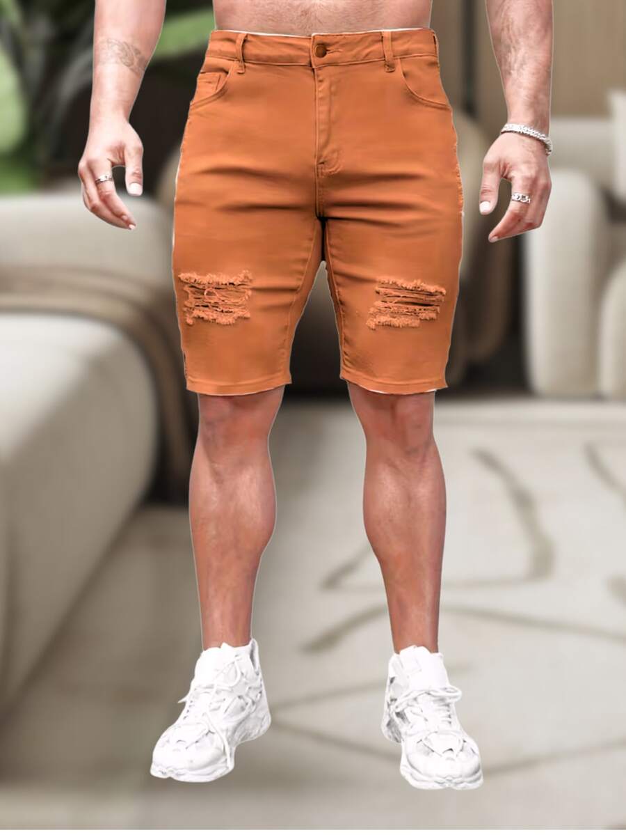 Men's Slim Fit Ripped Denim Shorts, Destroyed Style, Premium Fashion Line, Original Factory Outlet. Colors: Dark Black, Medium Black, Light Black, White, Beige, Yellow, Red - 黃色 - 查看 1