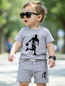 Conjunto casual diario de camiseta de manga corta con cuello redondo y estampado de sombras, y pantalones cortos para bebé niño - Gris - Ver 1