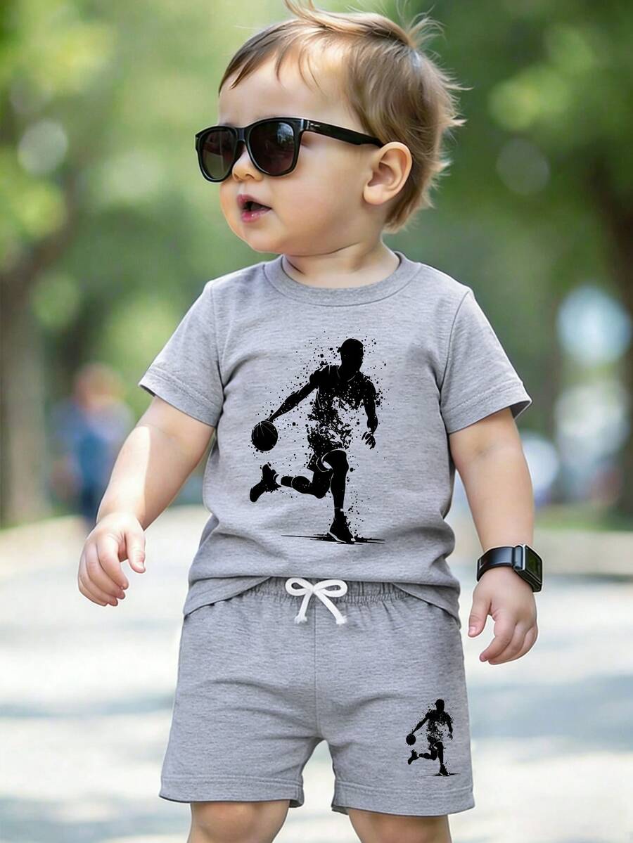 Conjunto casual diario de camiseta de manga corta con cuello redondo y estampado de sombras, y pantalones cortos para bebé niño - Gris - Ver 1
