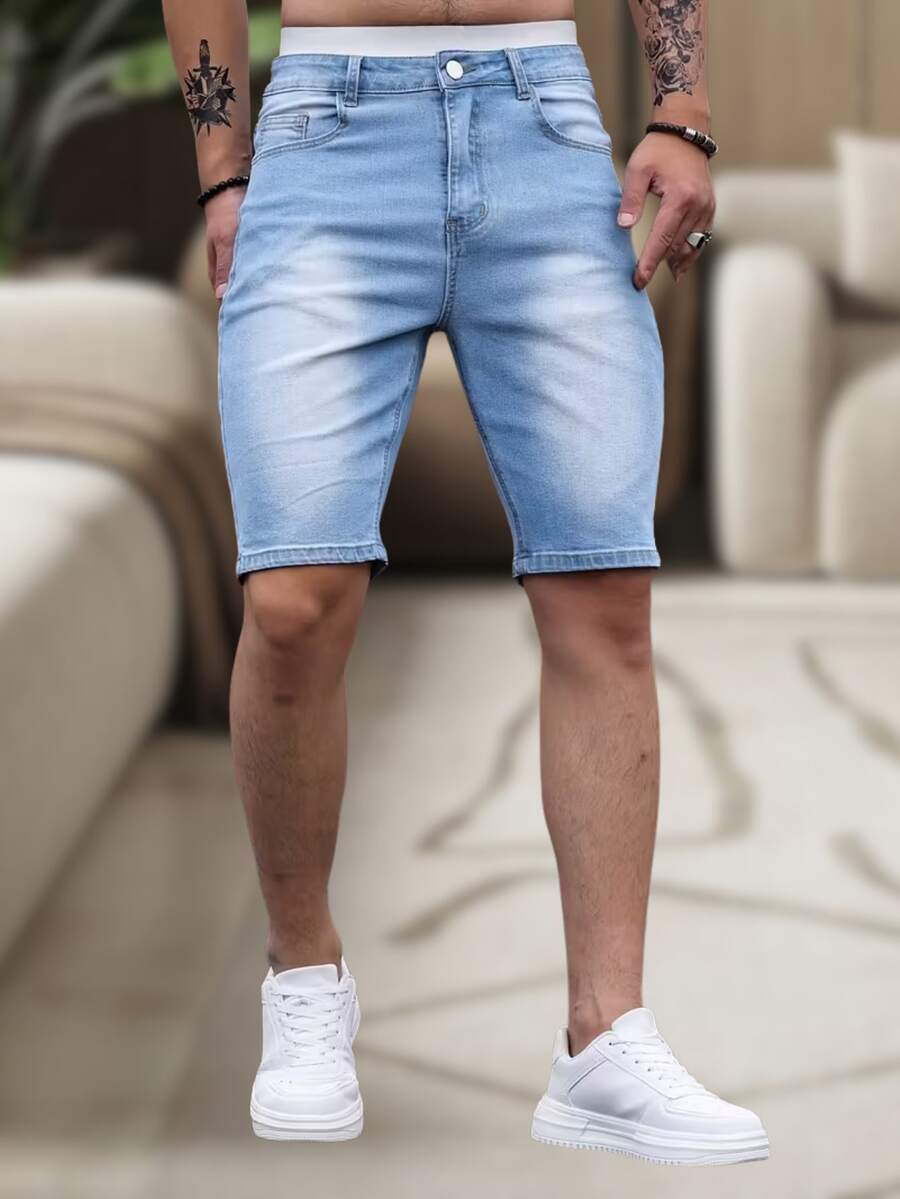 Men's Slim Fit Destroyed Denim Shorts, Summer Fashion, Premium Line, Original Factory Outlet, Colors: Dark Black, Medium Black, Light Black - 淺色水洗藍 - 查看 1