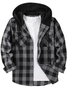 Men's Contrast Hood Plaid Shirt Jacket, Long Sleeve Button Up Shacket For Street Style & Layering - 深灰色 - 查看 8