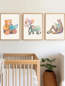 1件装，帆布墙画，带框儿童房墙画，野生动物主题阅读装饰，书房装饰，教室阅读装饰，学习海报，彩色游戏室艺术，书籍主题艺术，幼儿园装饰，房间装饰海报，儿童房装饰艺术，婴儿礼物 - 彩色 - 查看 3