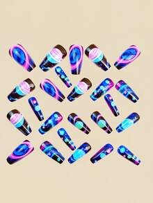 24pcs Medium-Long Square False Nails, Shiny Blue Planet Design, Full Coverage Removable Manicure, Suitable For Women's Party, Ball, And Daily Wear - Blue - View 3