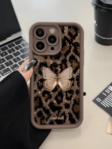 亮片钻石豹纹蝴蝶图案手机壳，时尚防震TPU保护套，兼容 17/17 Pro/17 Pro Max/16/11/13/15/15 Plus/15 Pro/15 Pro Max/12/14 Pro Max/11 Pro Max/12 Pro/12 Pro Max/13 Pro/13 Pro Max/14 Pro/14 Plus，Galaxy A56 5G/A06/A05/A05S/S25/S24/S23/S22 - 棕色 - 查看 3