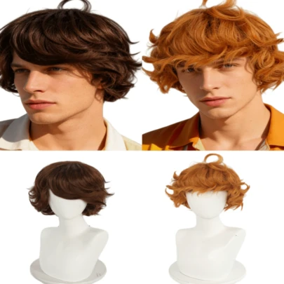 Men's Short Layered Wig 10 Inches Bright Orange, Dark Brown Heat-Resistant Fiber, Perfect For Pirate Elf Musicians Or Holiday Styling, Tangle Free, Easy To Wear, With Adjustable Strap