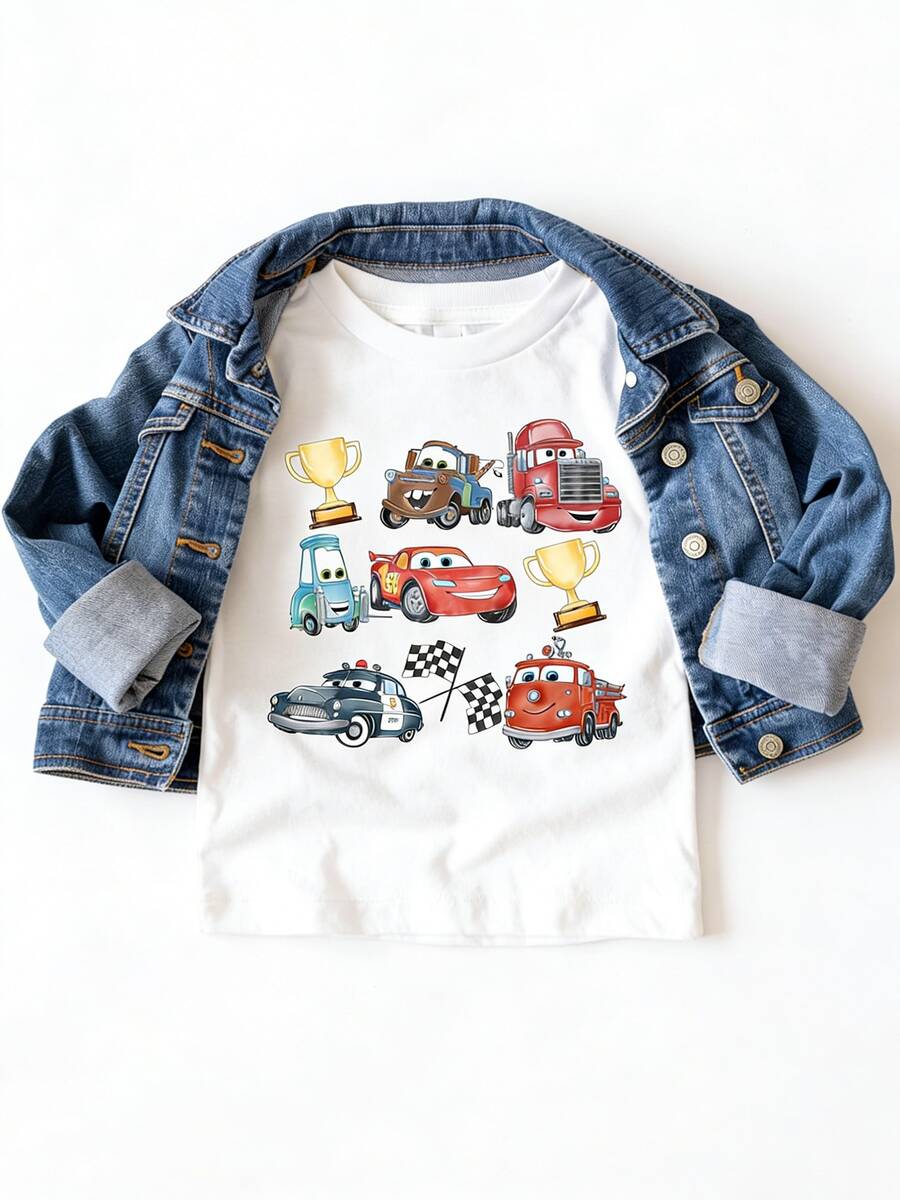 Disney-Licensed Casual And Simple Round-Neck Short-Sleeve T-Shirt Printed With Cars Lightning McQueen, Mack, Sally, And Other Racing Car Patterns, Specially Designed For Infants And Toddlers, Suitable For Both Boys And Girls, And An Ideal Choice For Summer Wear. - 白色 - 查看 1