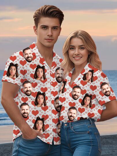 1 pieza Camisa hawaiana personalizable para hombres, camisa de botones con cuello de Brasil, camisa de manga corta con estampado de corazón y cara divertida personalizada para hombres, regalo único del Día de San Valentín para novio, esposo, familia, amigos