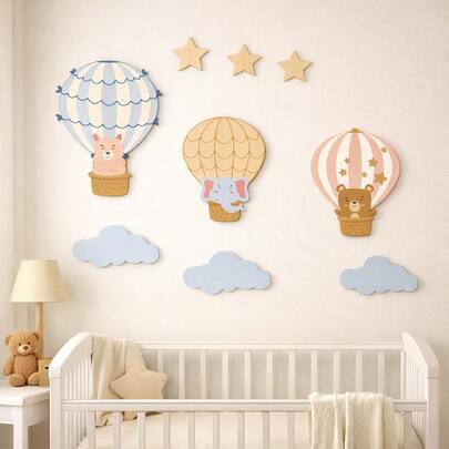 Trang trí tường phòng trẻ sơ sinh: Hình dán tường khinh khí cầu, tranh treo tường hình thú bằng gỗ hình khinh khí cầu cho phòng trẻ em, đồ trang trí tường phòng trẻ sơ sinh cho bé trai và bé gái, trang trí tường phòng bé với hình ảnh mây và sao, bộ tranh treo tường phòng trẻ sơ sinh.