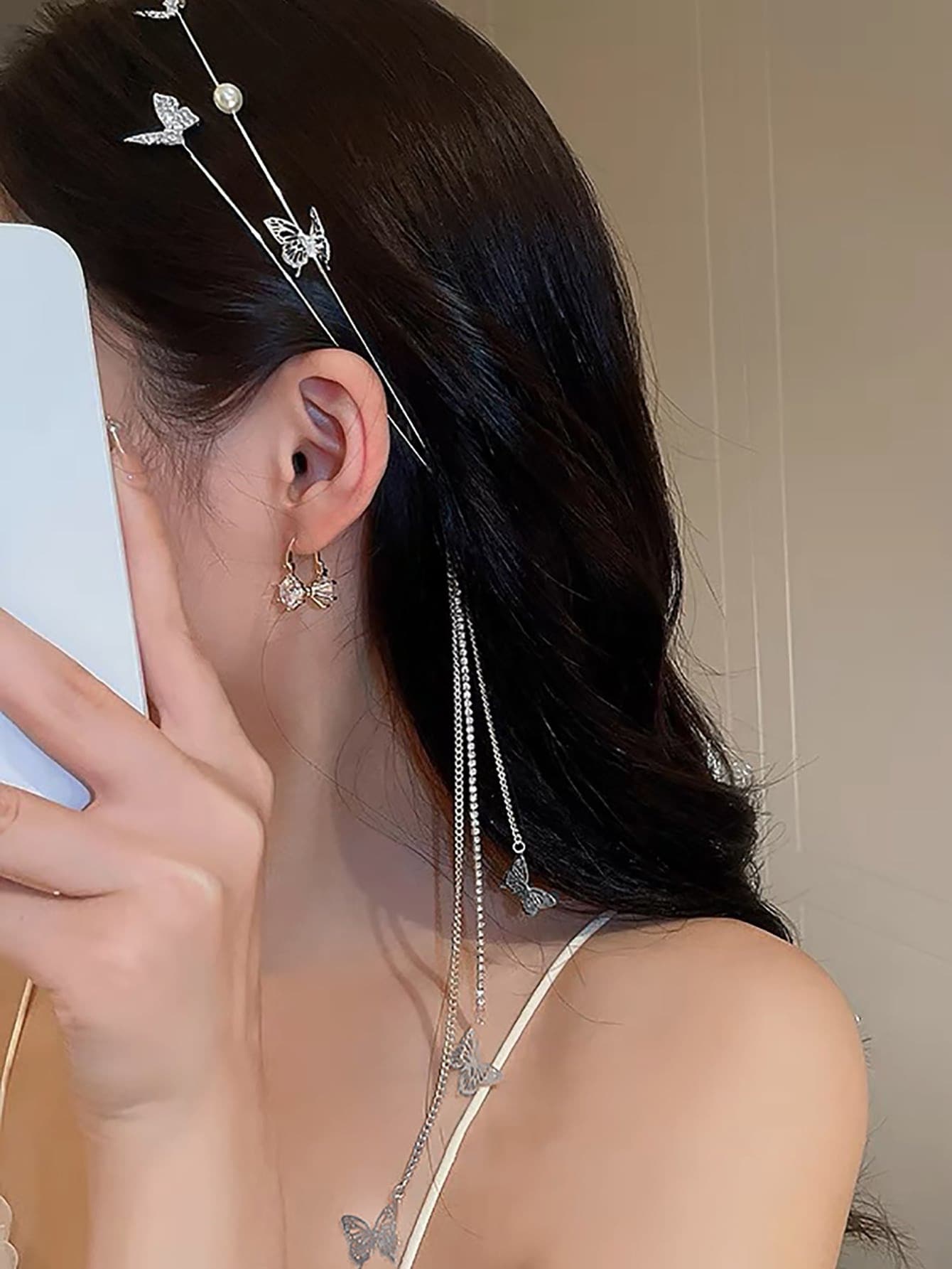 1 chiếc băng đô cài tóc hình bướm bạc, kiểu Bohemian nhiều lớp tua rua, phụ kiện tóc cho đám cưới/tiệc tùng/trang phục hàng ngày. - Bạc - Xem 1