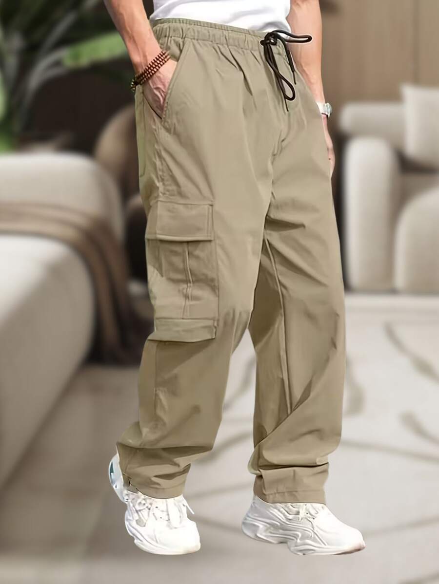 Men's Cargo Pants, Women's, 6 Pockets, Skate Style, Wide Leg, Drawstring Closure - Beige - View 1